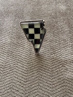 Sterling Silver Checkered Lightning Bolt Inlay Statement Ring - Black & White